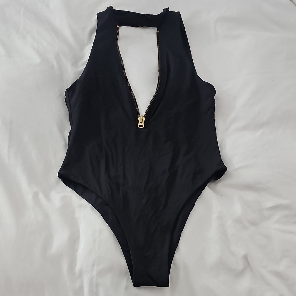 Beach Bunny Black Bodysuit with Gold Zipper Size Small Low Back